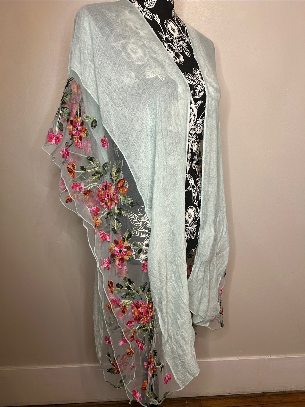 Mint Green / Turquoise Floral Embroidered Sheer Kimono Wrap Duster Cardigan OS